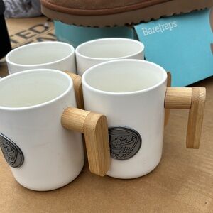 NWOT 4-PC SET White Ceramic Mugs with Bamboo Handles
